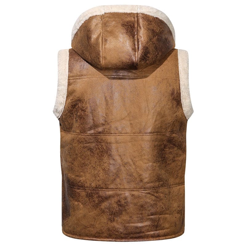 Brown leather sleeveless vest with a fur-lined hood.