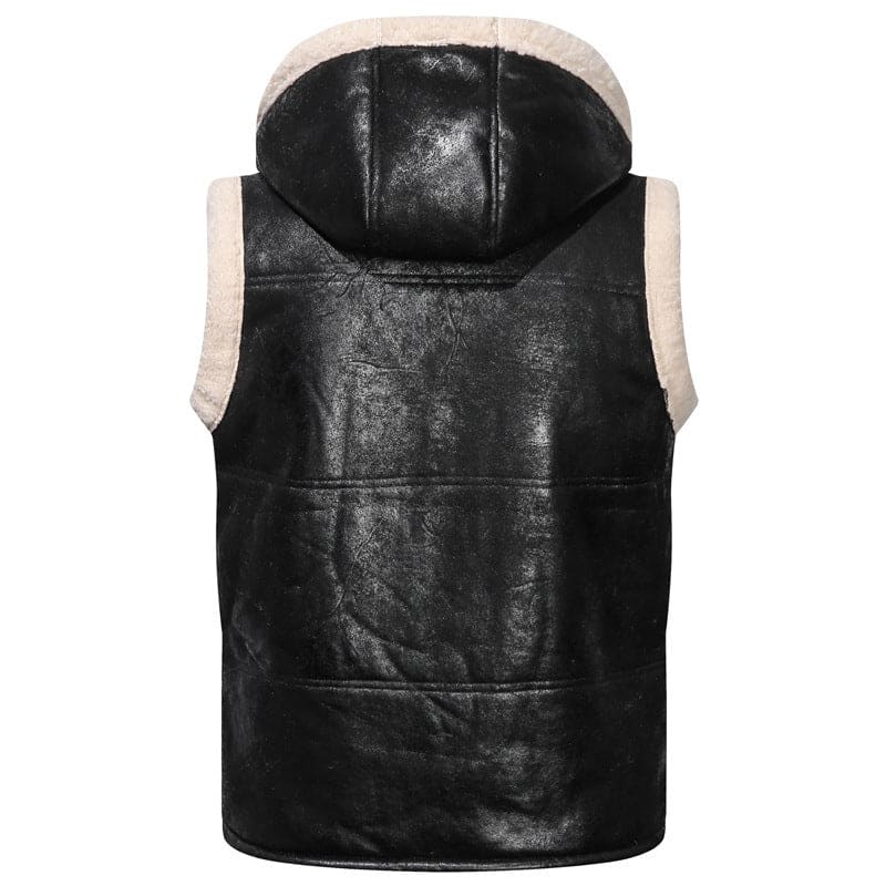 Black leather vest with a fur-lined hood and cream-colored trim.