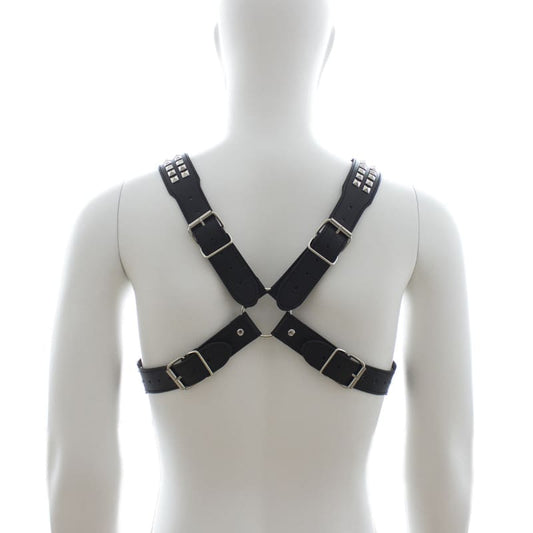 Black leather chest harness with adjustable straps and metal buckles.