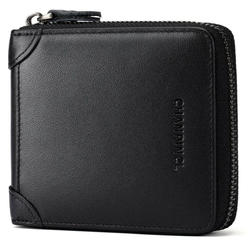 Black leather zip-around wallet with embossed branding.