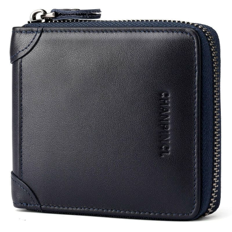 Black leather zip-around wallet with embossed branding.