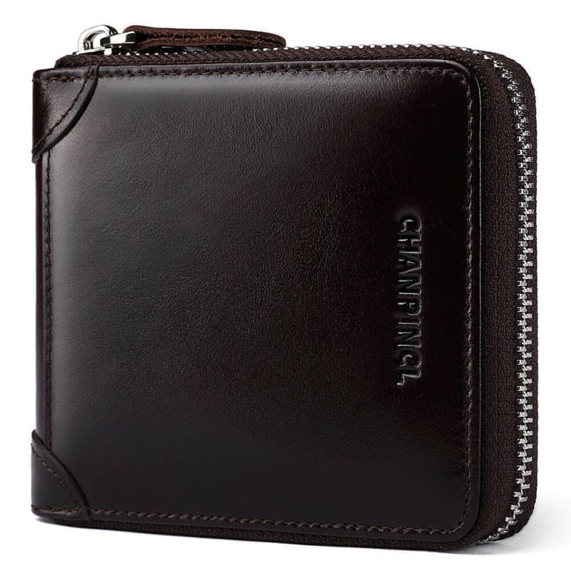 Black leather zip-around wallet with ’CHANTINSAL’ branding.