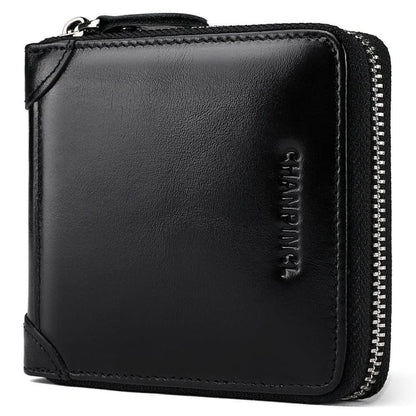 Black leather wallet with a zipper closure.