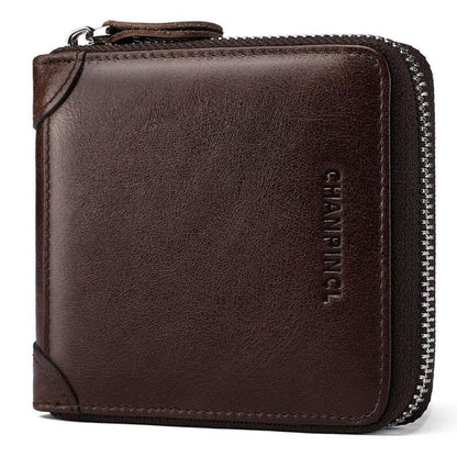 Dark brown leather wallet with a zipper closure.