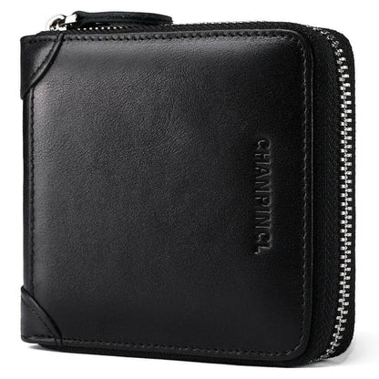 Black leather zip-around wallet with embossed branding.