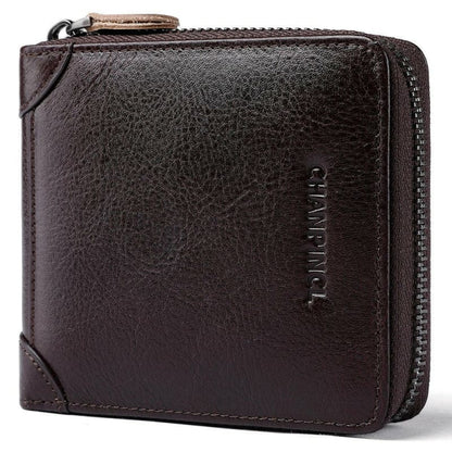 Dark brown leather wallet with a zipper closure.