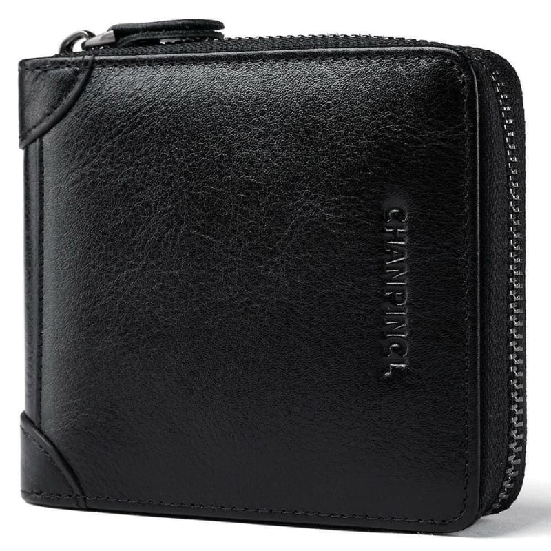 Black leather zip-around wallet with embossed branding.