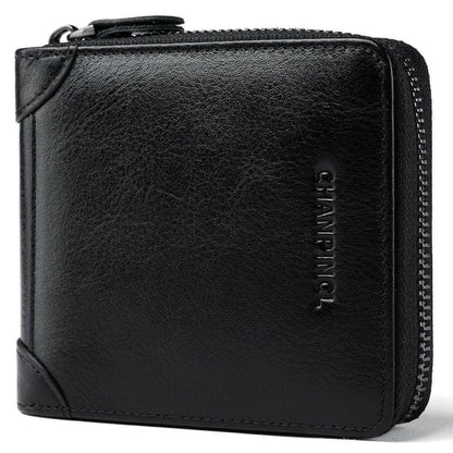 Black leather zip-around wallet with embossed branding.