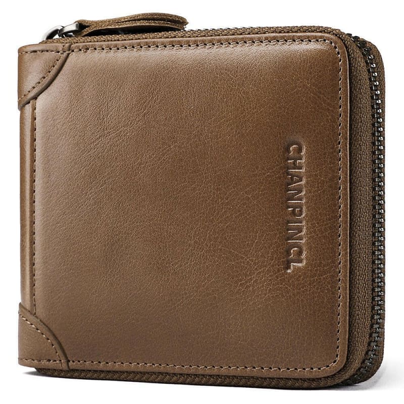 Brown leather wallet with a zipper closure and embossed branding.