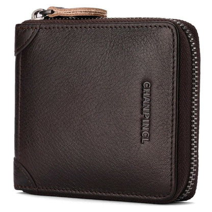 Dark brown leather wallet with a zipper closure and embossed branding.