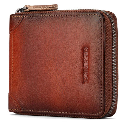 Brown leather wallet with a zipper closure and embossed branding.