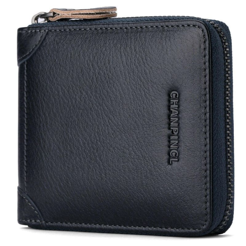 Black leather wallet with a zipper closure and embossed brand name.