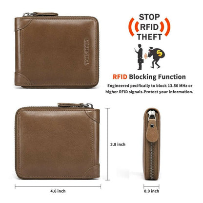 Brown leather zip-around wallet with RFID blocking functionality.