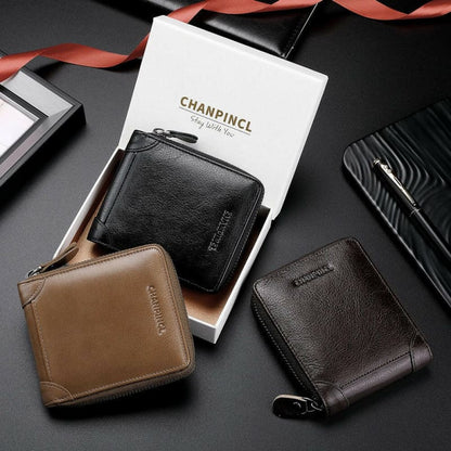 Leather wallets in various colors displayed alongside a white box labeled ’CHANPINCL’.