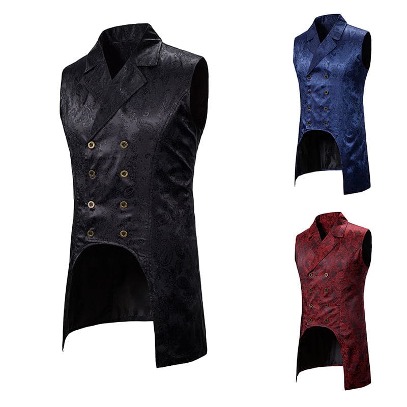 Long Vest Court Round Tail Tuxedo Waistcoat for Men Black