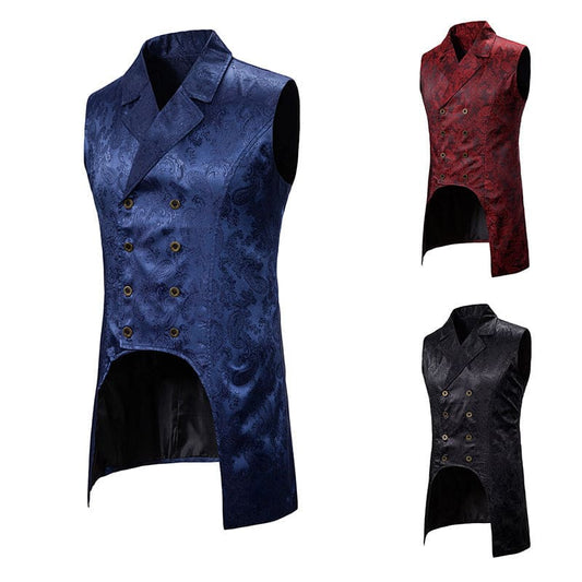 Double-breasted sleeveless waistcoat with a tailcoat-style bottom in navy blue, with two additional color variants shown.