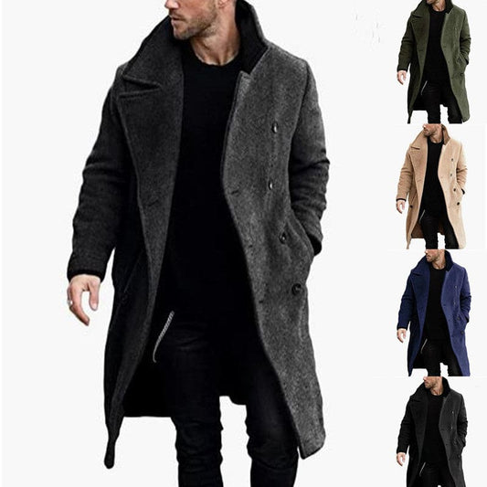 Long wool overcoat in charcoal gray with a wide collar and double-breasted front.