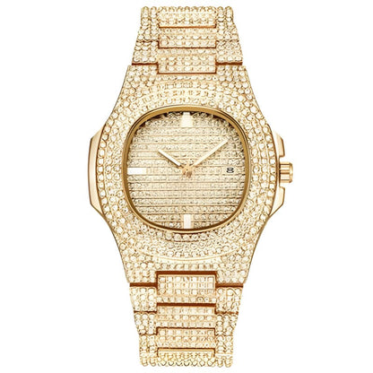 Mens Luxury Diamond Quartz Watch Gold Steel Deluxe gold