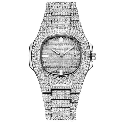 Mens Luxury Diamond Quartz Watch Gold Steel Deluxe silver