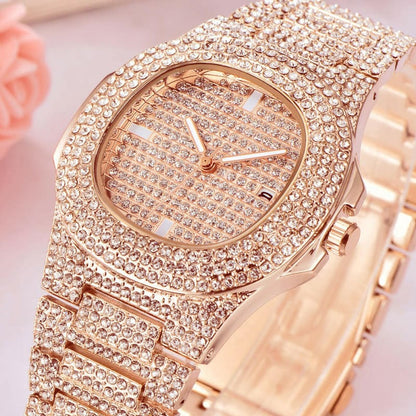 Mens Luxury Diamond Quartz Watch Gold Steel Deluxe