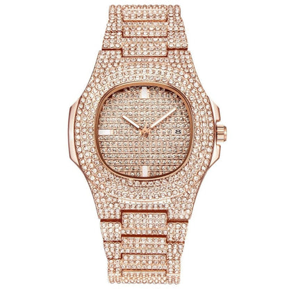 Mens Luxury Diamond Quartz Watch Gold Steel Deluxe