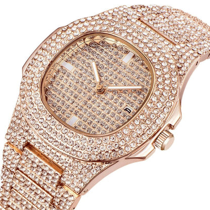 Mens Luxury Diamond Quartz Watch Gold Steel Deluxe