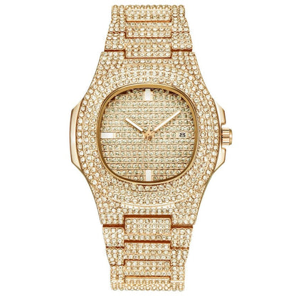 Mens Luxury Diamond Quartz Watch Gold Steel Deluxe