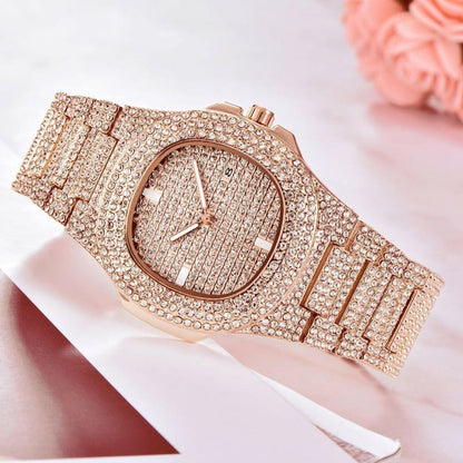 Mens Luxury Diamond Quartz Watch Gold Steel Deluxe