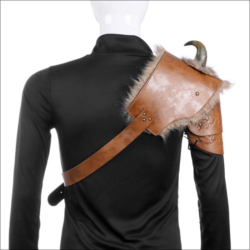 Leather shoulder armor piece with fur trim and metal accents.