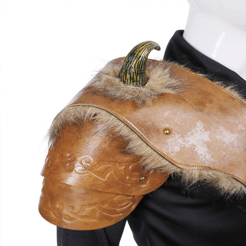 Leather shoulder armor piece with fur trim and a decorative gourd-like ornament on top.