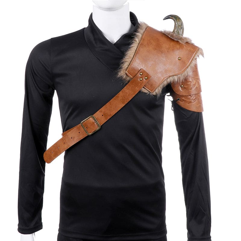 Leather shoulder armor piece with fur trim and buckled strap worn over a black shirt.