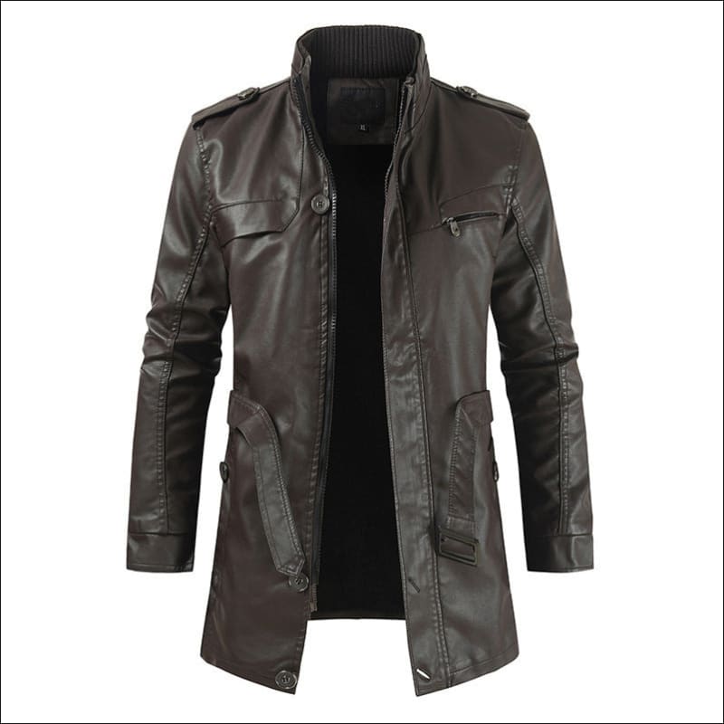 Men’s Faux Leather Coat with Stand Collar Style Brown / L