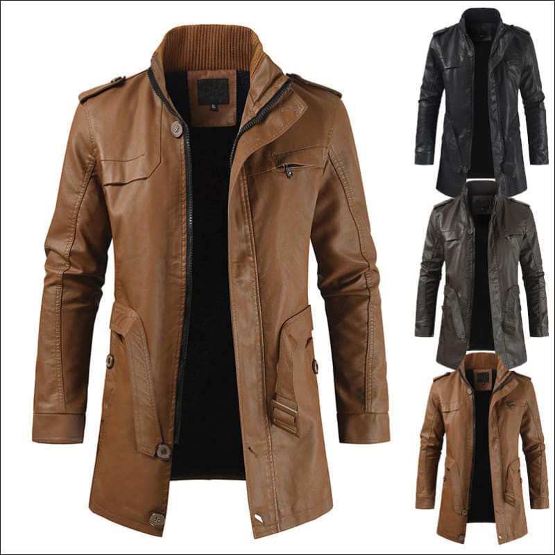 Men’s Faux Leather Coat with Stand Collar Style