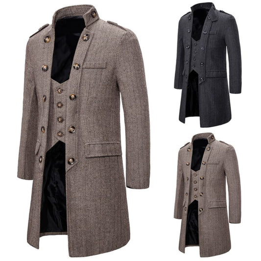 Long military-style coat with double-breasted buttons and a stand-up collar.