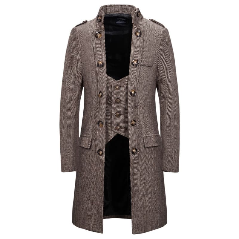 Long brown tweed coat with decorative buttons and a high collar.