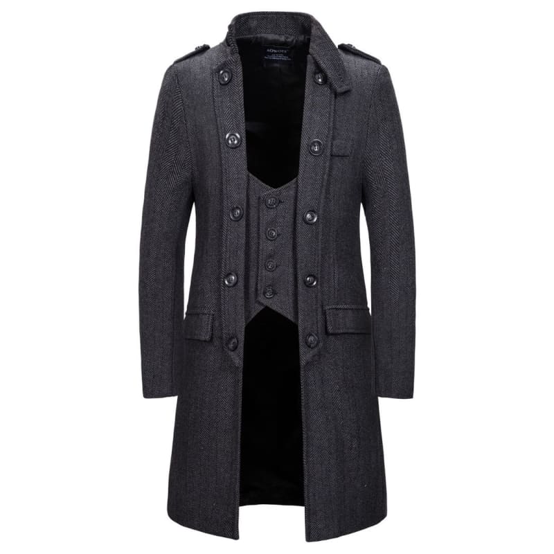 Dark gray wool overcoat with double-breasted button closure and epaulettes.