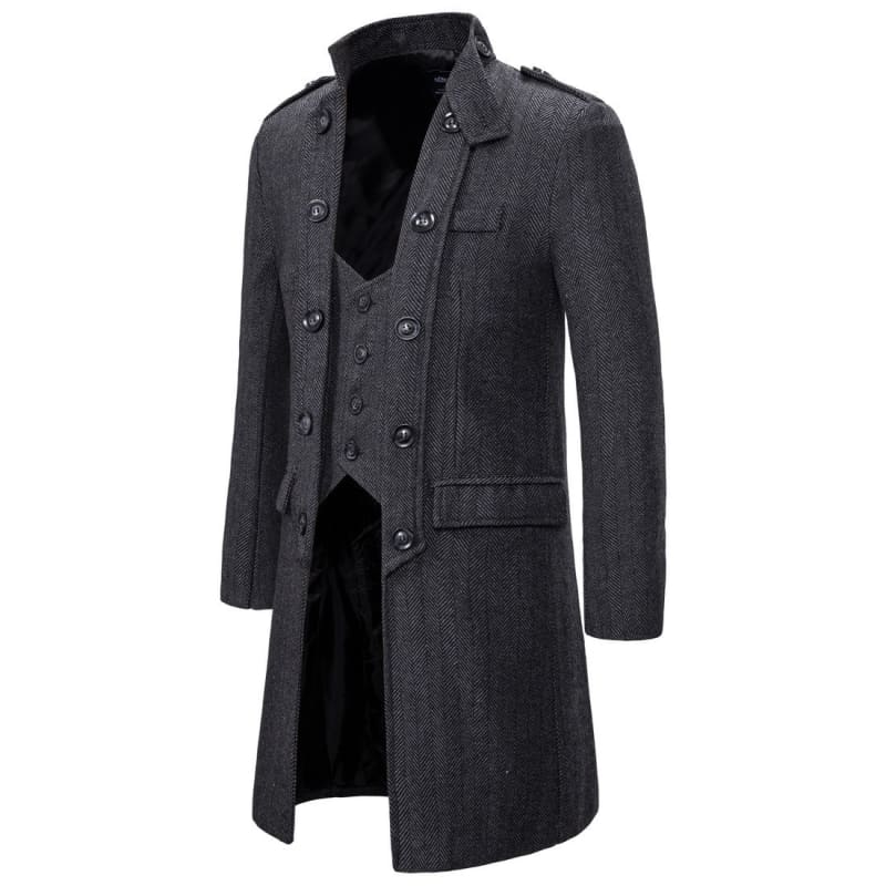 Dark gray wool overcoat with double-breasted button closure and epaulettes.