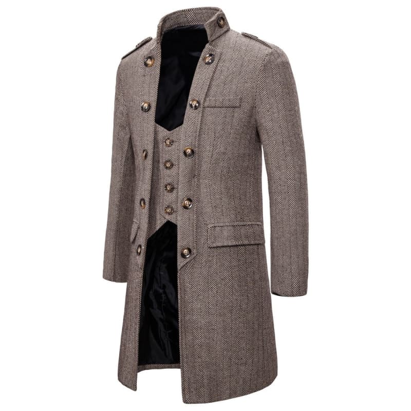 Long tweed coat with a high collar and decorative buttons.