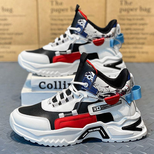 Colorful, chunky sneakers with a mix of white, black, red, and blue elements in a modern, sporty design.