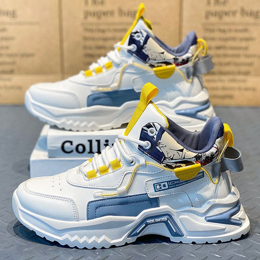 Pair of chunky white, blue, and yellow sneakers with a distinctive design.