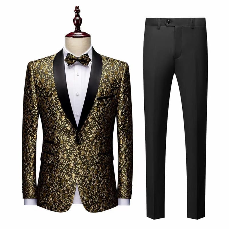 Gold and black patterned tuxedo jacket with matching bow tie and black trousers.