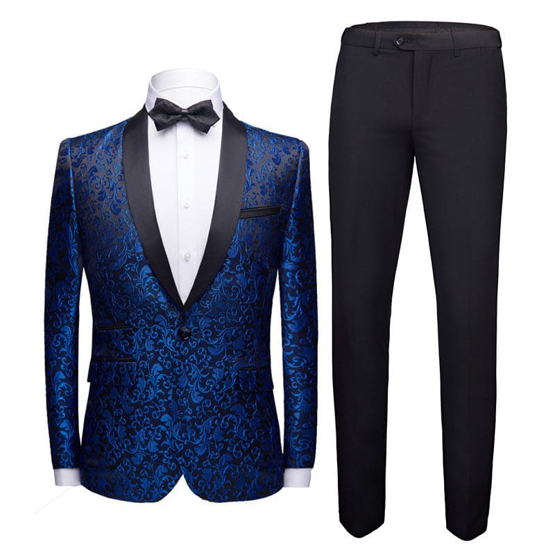 Blue and black patterned tuxedo jacket with matching black trousers, white shirt, and bow tie.