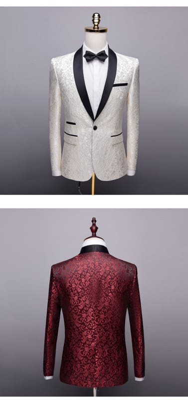 Formal men’s tuxedo jacket in white with black lapels and a matching burgundy sequined version.