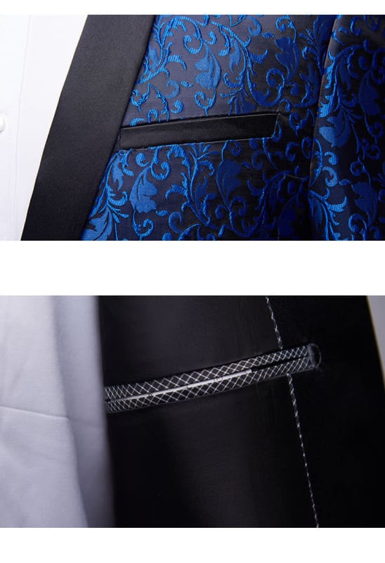 Suit jacket with contrasting blue patterned lining and black exterior.