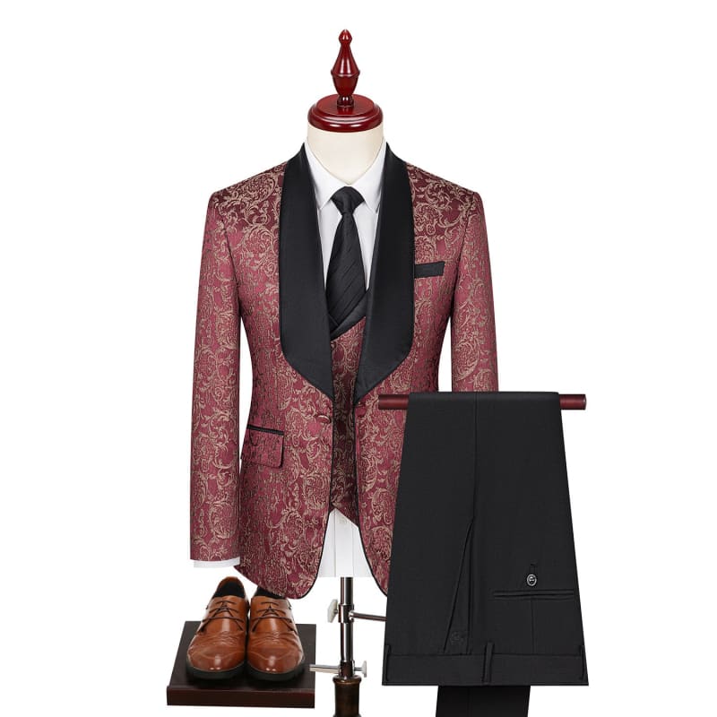 Men’s Paisley Jacquard Wedding Groom Suit in 6 Colors Red