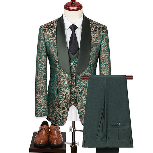 Ornate green and gold patterned three-piece suit with matching trousers and accessories.