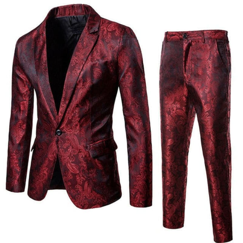 Mens Paisley Suit Single Breasted Tuxedo Blazer wine red / M