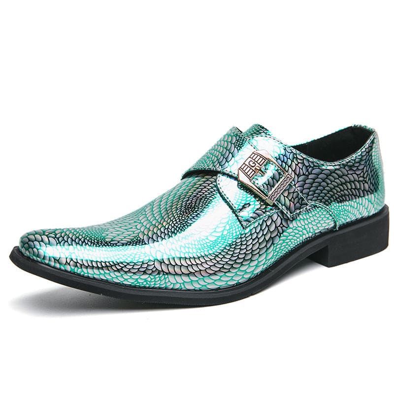 Shiny turquoise dress shoe with a snakeskin-like pattern and buckle strap.