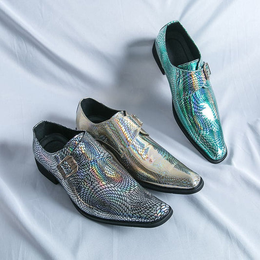 Three shiny, metallic dress shoes with holographic or iridescent finishes.