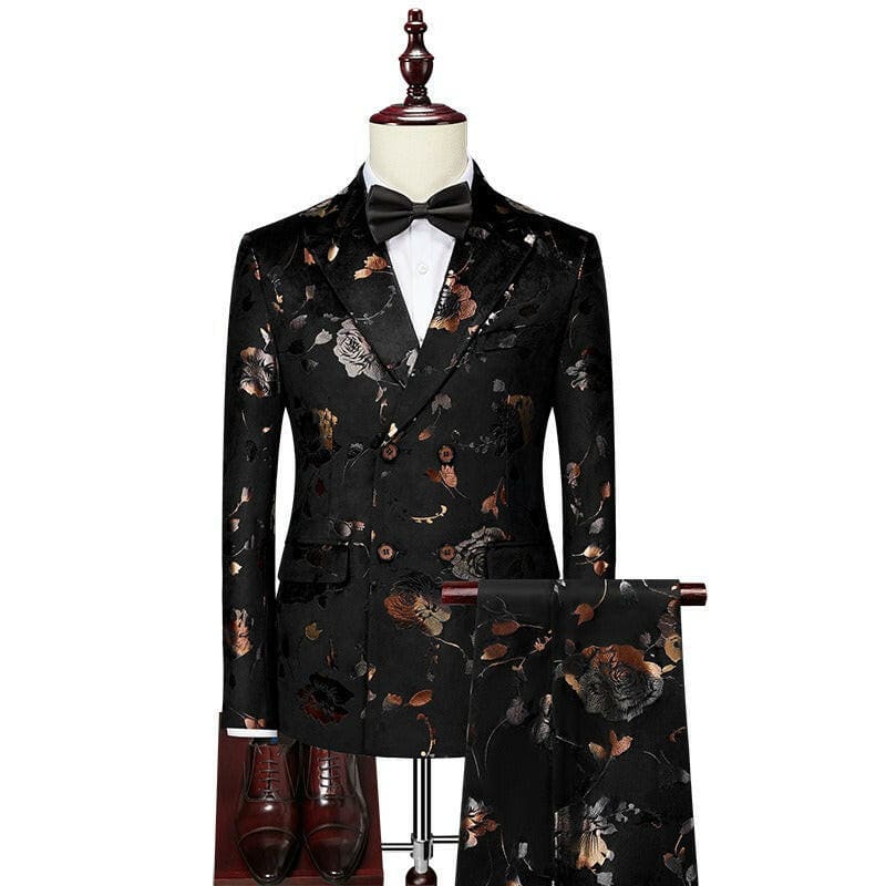 Mens Floral Patterned Wedding Suit Slim Fit 3 Pc Black / M